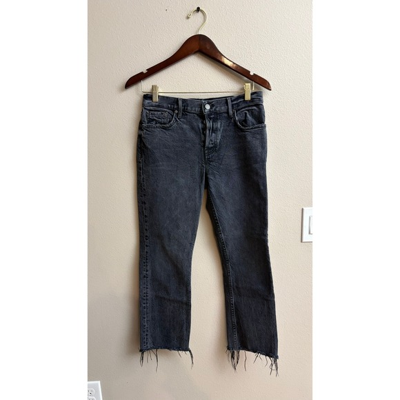 GRLFRND Denim - GRLFRND Tatum Jeans 27 Midnight Rambler Raw Hem Frayed Faded Black Straight Leg